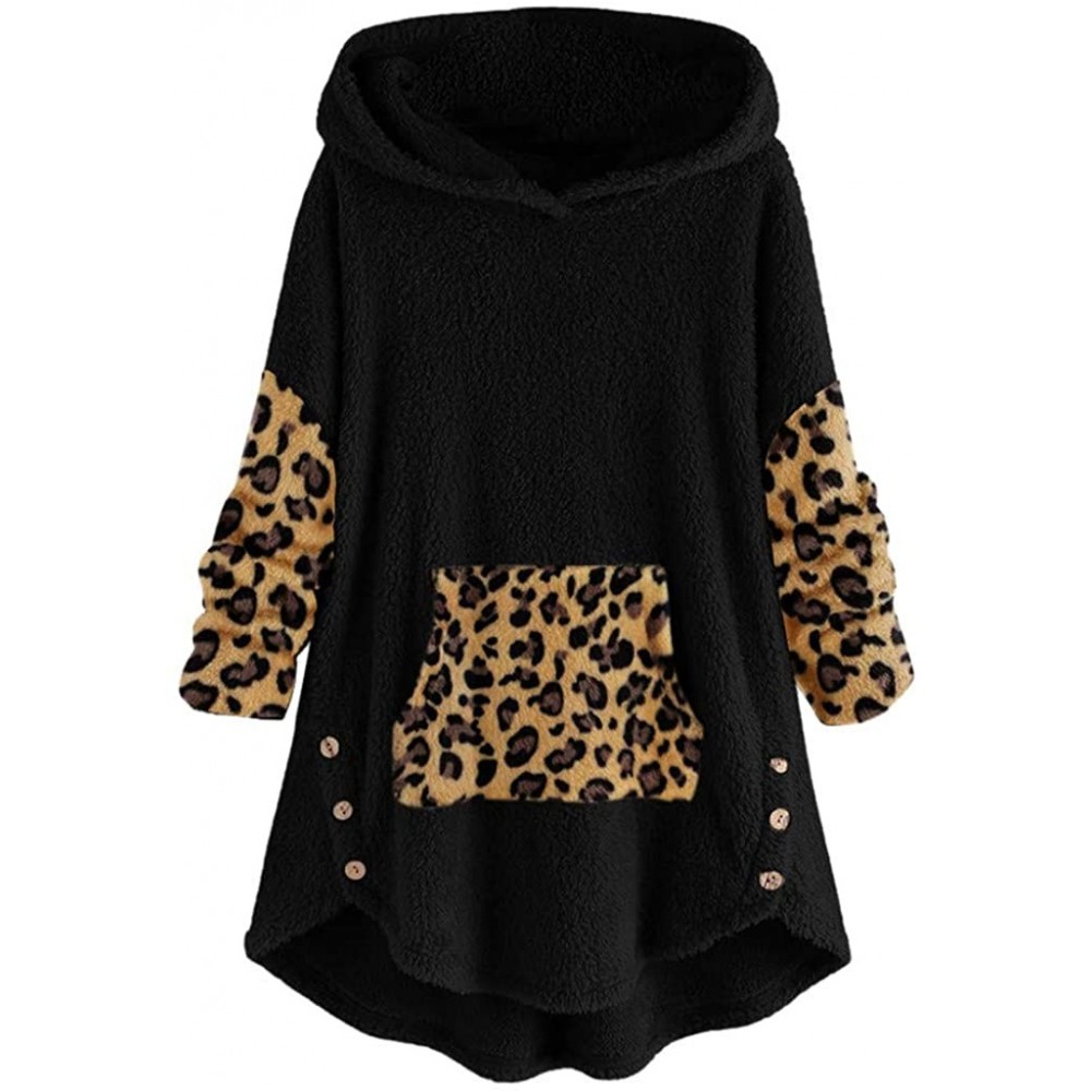 Tops Shaggy Fleece Jacket Leopard Color Block Peplum Hooded Pullover Sweatshirt Fluffy Coat Outwear - Black - CP1925EWX3W