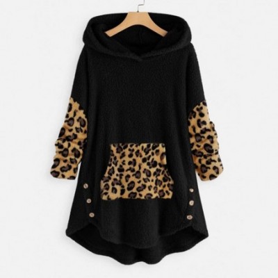 Tops Shaggy Fleece Jacket Leopard Color Block Peplum Hooded Pullover Sweatshirt Fluffy Coat Outwear - Black - CP1925EWX3W