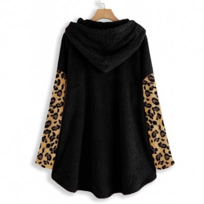 Tops Shaggy Fleece Jacket Leopard Color Block Peplum Hooded Pullover Sweatshirt Fluffy Coat Outwear - Black - CP1925EWX3W