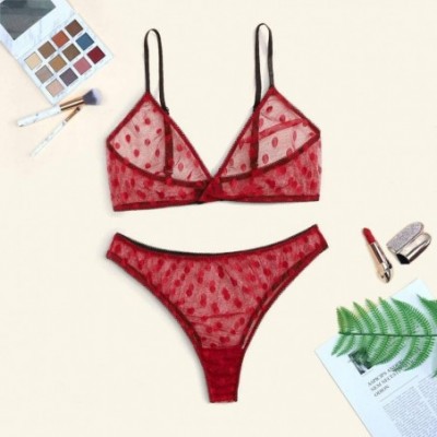 Nightgowns & Sleepshirts Women Sexy Dot Mesh V-Neck Wireless Bra Briefs Underwear Thong Lingerie Set - Red - CS19D44AC88