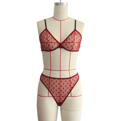 Nightgowns & Sleepshirts Women Sexy Dot Mesh V-Neck Wireless Bra Briefs Underwear Thong Lingerie Set - Red - CS19D44AC88