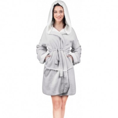 Robes Women's Hooded Robes Soft Warm Short Plush Fleece Bathrobe Sherpa Lined Dressing Gown - Grey - CR180KLUIMN