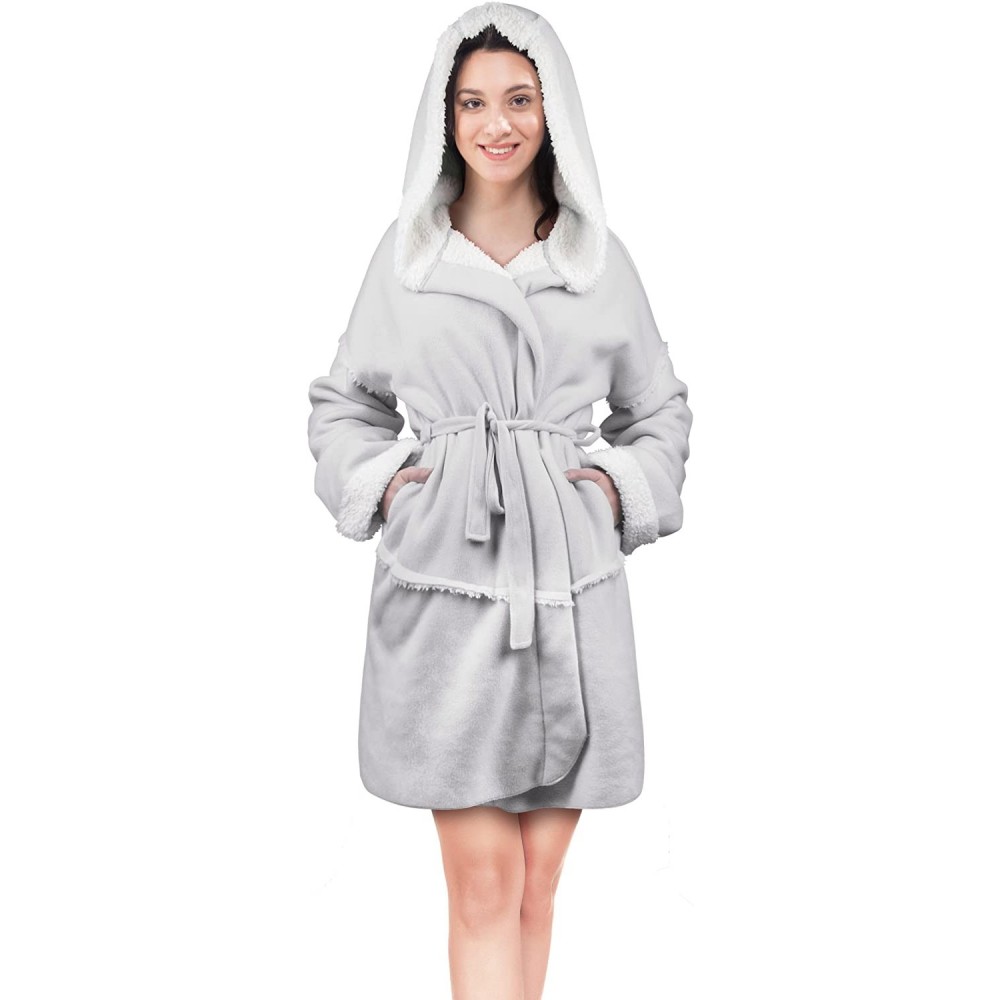 Robes Women's Hooded Robes Soft Warm Short Plush Fleece Bathrobe Sherpa Lined Dressing Gown - Grey - CR180KLUIMN