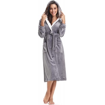 Robes Women's Plush Soft Warm Coral Fleece Bathrobe Long Robes Soft Ladies Long Robes Housecoats Winter Sleepwear - Gray(with...