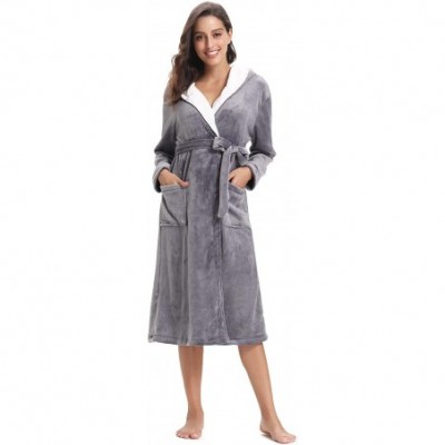 Robes Women's Plush Soft Warm Coral Fleece Bathrobe Long Robes Soft Ladies Long Robes Housecoats Winter Sleepwear - Gray(with...