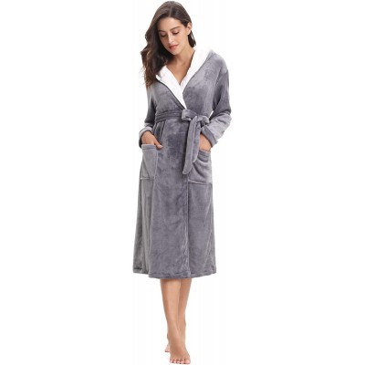 Robes Women's Plush Soft Warm Coral Fleece Bathrobe Long Robes Soft Ladies Long Robes Housecoats Winter Sleepwear - Gray(with...