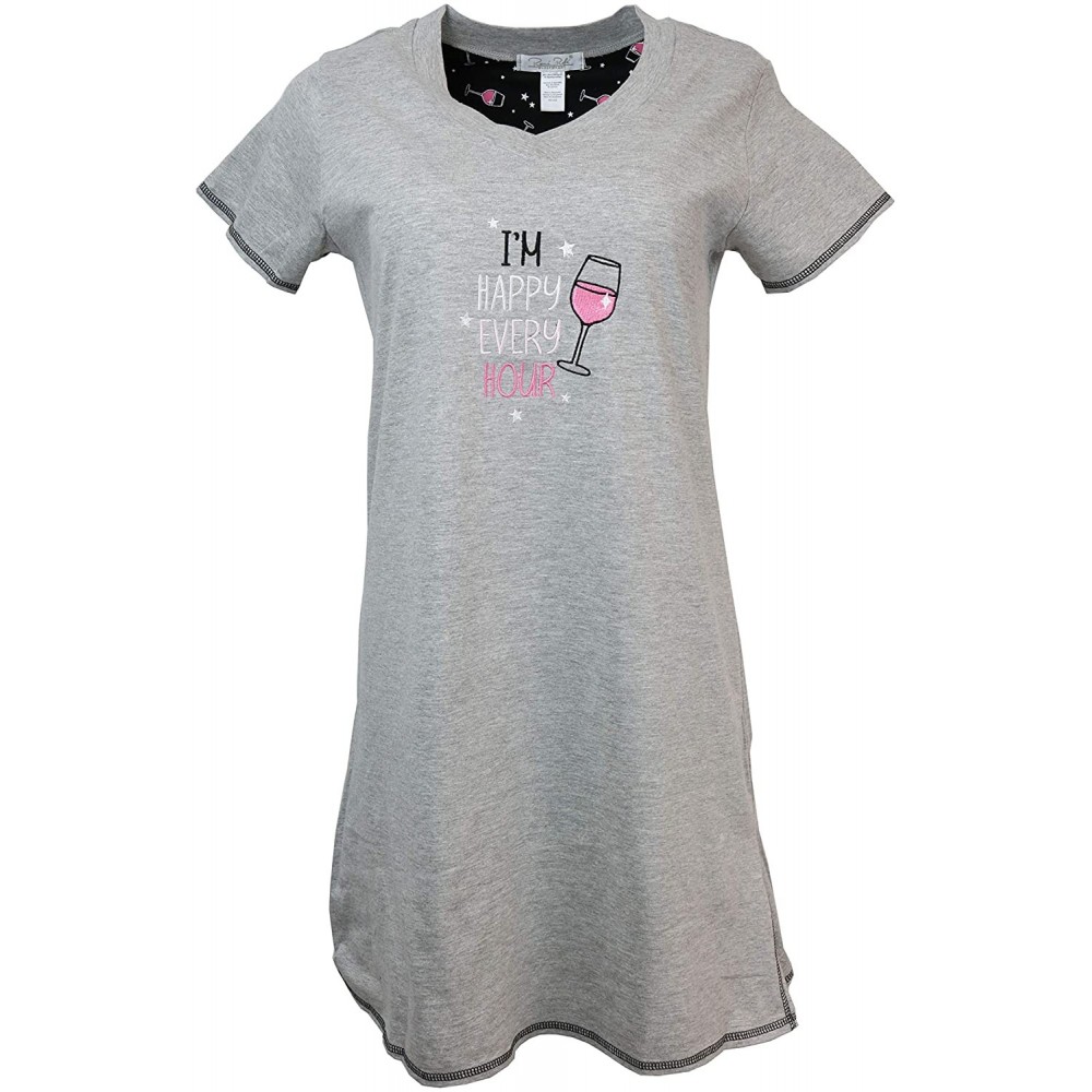 Nightgowns & Sleepshirts Women's Plus Size Nightgown- 100% Cotton- Short Sleeves - Grey I'm Happy Every Hour - CP18SG28X3E