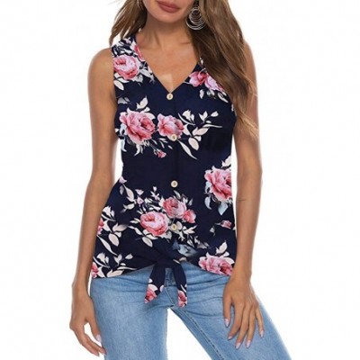 Thermal Underwear Women Casual Floral Print Sleeveless Bandage Straps V-Neck Vest Blouse Tops Camisole Tee Shirt - Navy - CJ1...