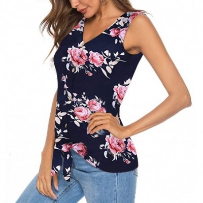 Thermal Underwear Women Casual Floral Print Sleeveless Bandage Straps V-Neck Vest Blouse Tops Camisole Tee Shirt - Navy - CJ1...