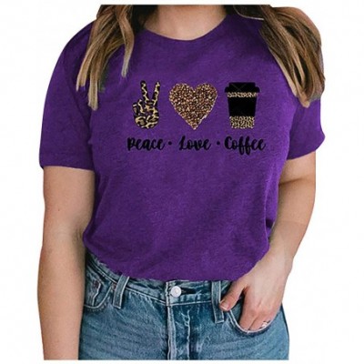 Robes Fashion Women's O-Neck Leopard Letter Print Short Sleeves T-Shirt Blouse Tops - Purple - CK197EQSH00