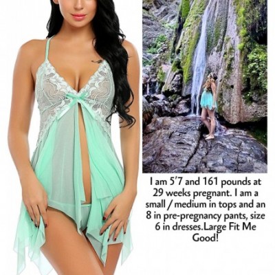 Baby Dolls & Chemises Women Lingerie Lace Babydoll V Neck Sleepwear Strap Chemise - Apple Green - CV18523XYI4