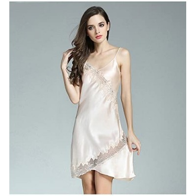 Nightgowns & Sleepshirts Women 100% Mulberry Silk Lace Slip Dress Sleepskirt Sleepwear - Beige - CR18G3HD6WA