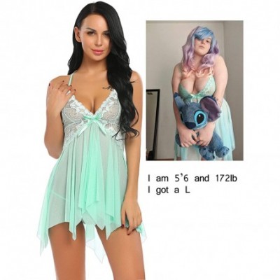 Baby Dolls & Chemises Women Lingerie Lace Babydoll V Neck Sleepwear Strap Chemise - Apple Green - CV18523XYI4