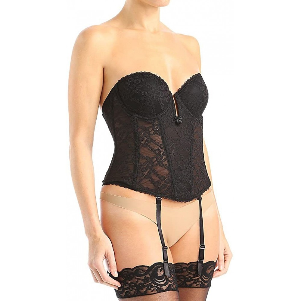 Bras Women's Lace Low Plunge Bustier with Garters 6163 - Black - CS125HA1LFV