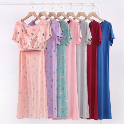 Nightgowns & Sleepshirts Women's Modal Built in Bra Padded Long Nightgown Chemise Modal Flamingo Nightshirt Dress Sleepwear X...