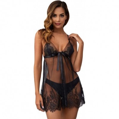 Baby Dolls & Chemises Women's Babydoll Lingerie Set Sheer Lace Chemise Cut Out Sleepwear - Black - CX1970NUGHG