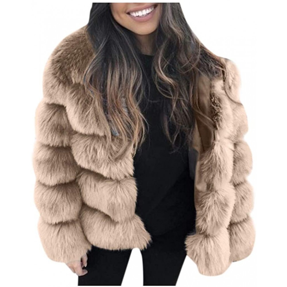 Thermal Underwear Women Winter Furs Coat Luxury Faux Fox Fur Jacket Slim Long Sleeve Collar Overcoat - A-khaki - C218ZUM0CDN