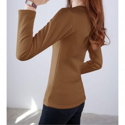 Thermal Underwear Women's Thermal Underwear Tops Round Neck Fleece Lined Baselayer Shirts - Khaki - C218ZIC0AYQ