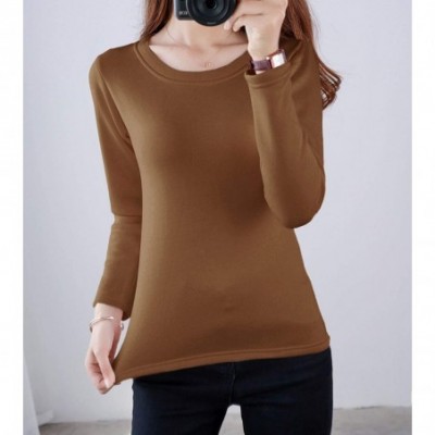 Thermal Underwear Women's Thermal Underwear Tops Round Neck Fleece Lined Baselayer Shirts - Khaki - C218ZIC0AYQ