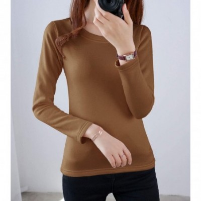 Thermal Underwear Women's Thermal Underwear Tops Round Neck Fleece Lined Baselayer Shirts - Khaki - C218ZIC0AYQ