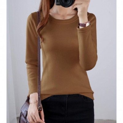 Thermal Underwear Women's Thermal Underwear Tops Round Neck Fleece Lined Baselayer Shirts - Khaki - C218ZIC0AYQ