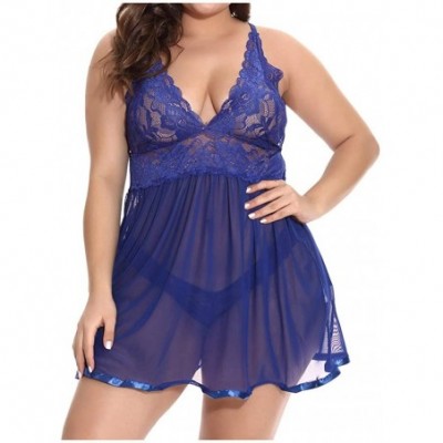 Garters & Garter Belts Women Lingerie Lace Deep V-Neck Plus Size Sleepwear Babudoll Underwear Chemise Nightdress - Z02-blue -...