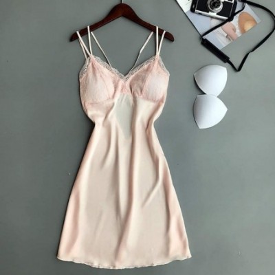 Slips Chemise Nightgown-Women Lace Modal Sleepwear Chemises V-Neck Full Slip Babydoll Nightskirt - Beige - CY193IA96E8