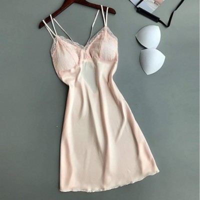 Slips Chemise Nightgown-Women Lace Modal Sleepwear Chemises V-Neck Full Slip Babydoll Nightskirt - Beige - CY193IA96E8