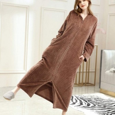 Robes Couple Bathrobe Winter Plush Fleece Hooded Zipper Long Robe Coat Warm Housecoat Thick Nightgown - Coffee - CZ18AUNR0RT