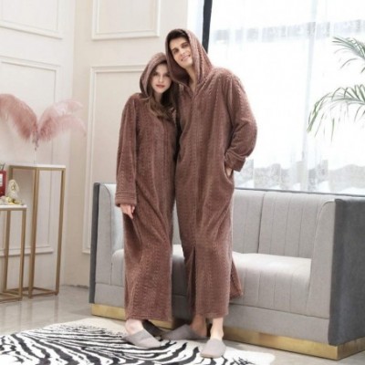 Robes Couple Bathrobe Winter Plush Fleece Hooded Zipper Long Robe Coat Warm Housecoat Thick Nightgown - Coffee - CZ18AUNR0RT