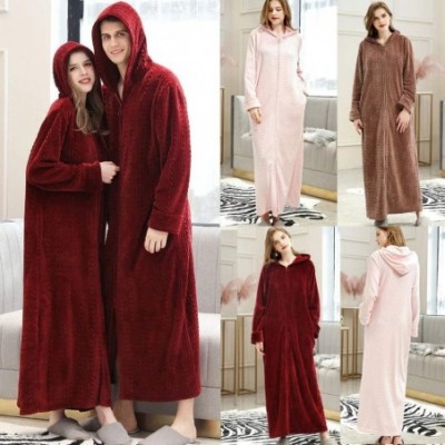 Robes Couple Bathrobe Winter Plush Fleece Hooded Zipper Long Robe Coat Warm Housecoat Thick Nightgown - Coffee - CZ18AUNR0RT