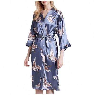 Robes Women's Silky Satin Kimono Robes with Sash Tie Swan Printed Sexy Smooth Pajamas Nightwear - Blue - CW197D5NYM4