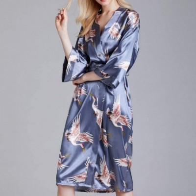 Robes Women's Silky Satin Kimono Robes with Sash Tie Swan Printed Sexy Smooth Pajamas Nightwear - Blue - CW197D5NYM4