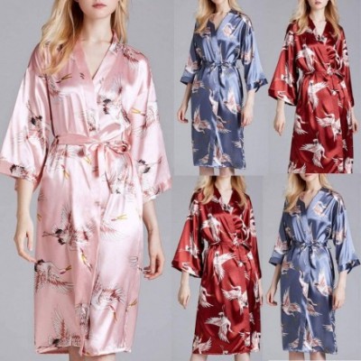 Robes Women's Silky Satin Kimono Robes with Sash Tie Swan Printed Sexy Smooth Pajamas Nightwear - Blue - CW197D5NYM4