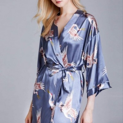 Robes Women's Silky Satin Kimono Robes with Sash Tie Swan Printed Sexy Smooth Pajamas Nightwear - Blue - CW197D5NYM4