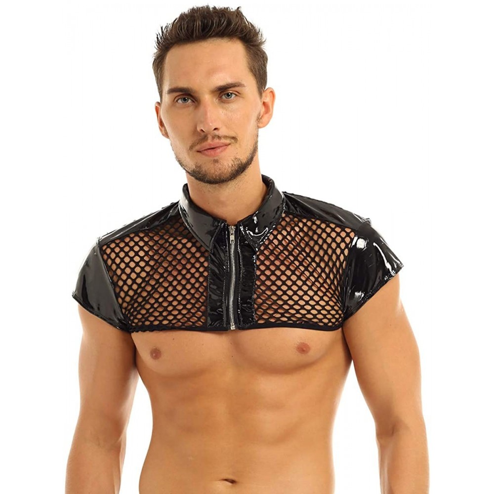 Undershirts Men's Wetlook Sheer Fishnet Muscle Half Crop Tank Top Front Zipper T- Shirt Vest Clubwear - C118U0ZUZEY