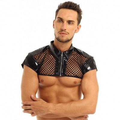 Undershirts Men's Wetlook Sheer Fishnet Muscle Half Crop Tank Top Front Zipper T- Shirt Vest Clubwear - C118U0ZUZEY