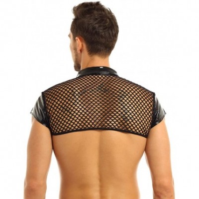 Undershirts Men's Wetlook Sheer Fishnet Muscle Half Crop Tank Top Front Zipper T- Shirt Vest Clubwear - C118U0ZUZEY