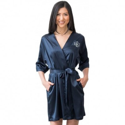 Robes Women's Luxurious Soft Silky Bridesmaid Personalized Kimono Robe - Navy Blue - C612NYFUWLC