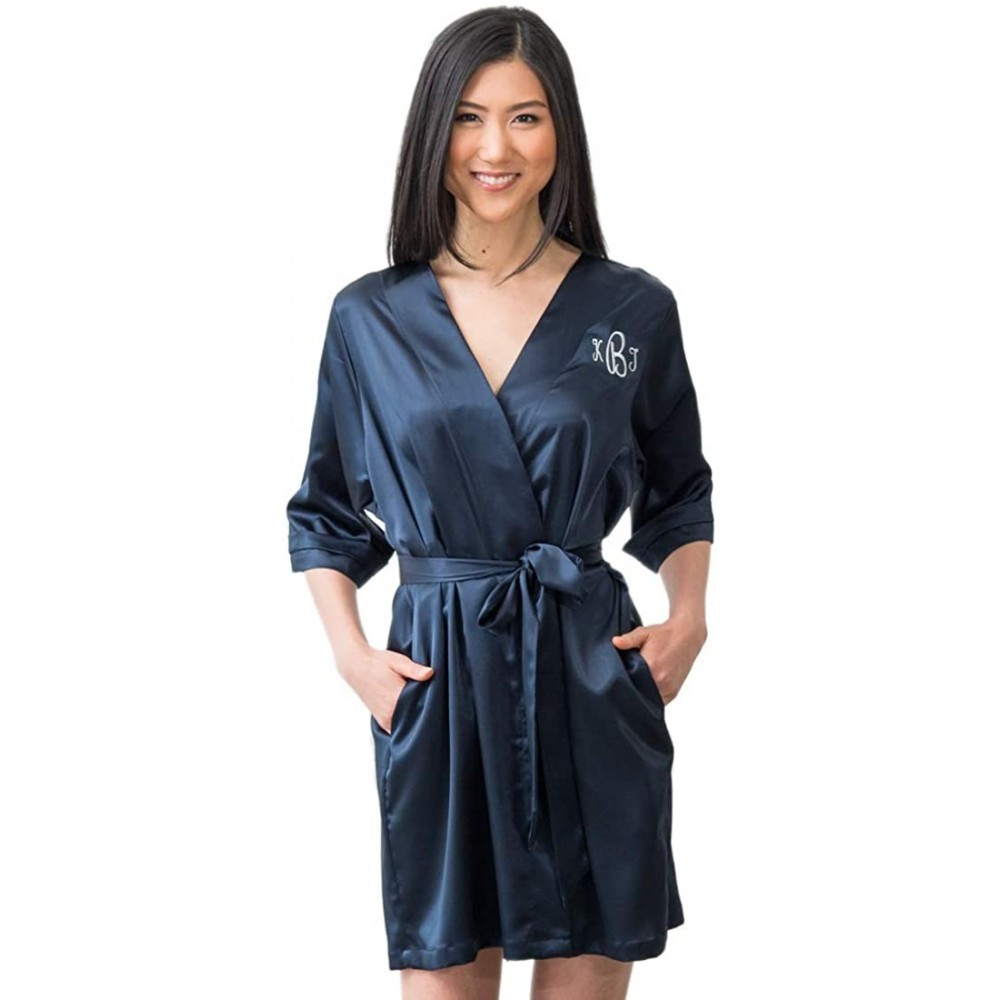 Robes Women's Luxurious Soft Silky Bridesmaid Personalized Kimono Robe - Navy Blue - C612NYFUWLC