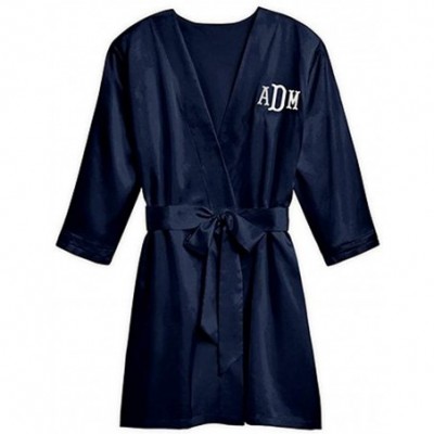 Robes Women's Luxurious Soft Silky Bridesmaid Personalized Kimono Robe - Navy Blue - C612NYFUWLC