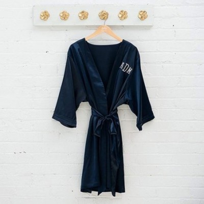 Robes Women's Luxurious Soft Silky Bridesmaid Personalized Kimono Robe - Navy Blue - C612NYFUWLC