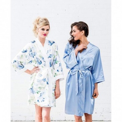 Robes Women's Luxurious Soft Silky Bridesmaid Personalized Kimono Robe - Navy Blue - C612NYFUWLC