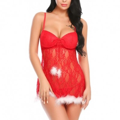 Baby Dolls & Chemises Women Christmas Lingerie Lace Babydoll Deep V Nightwear Holiday Sleepwear - 7124red - CI187L7D3ON