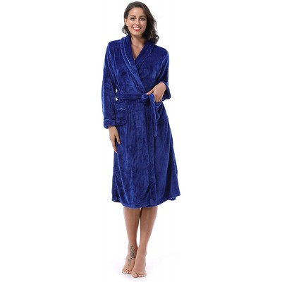 Robes Women's Super Soft Warm Plush Bathrobe Hotel Spa Robe with 2 Pockets Blue - Blue - CH18M7EWQGX