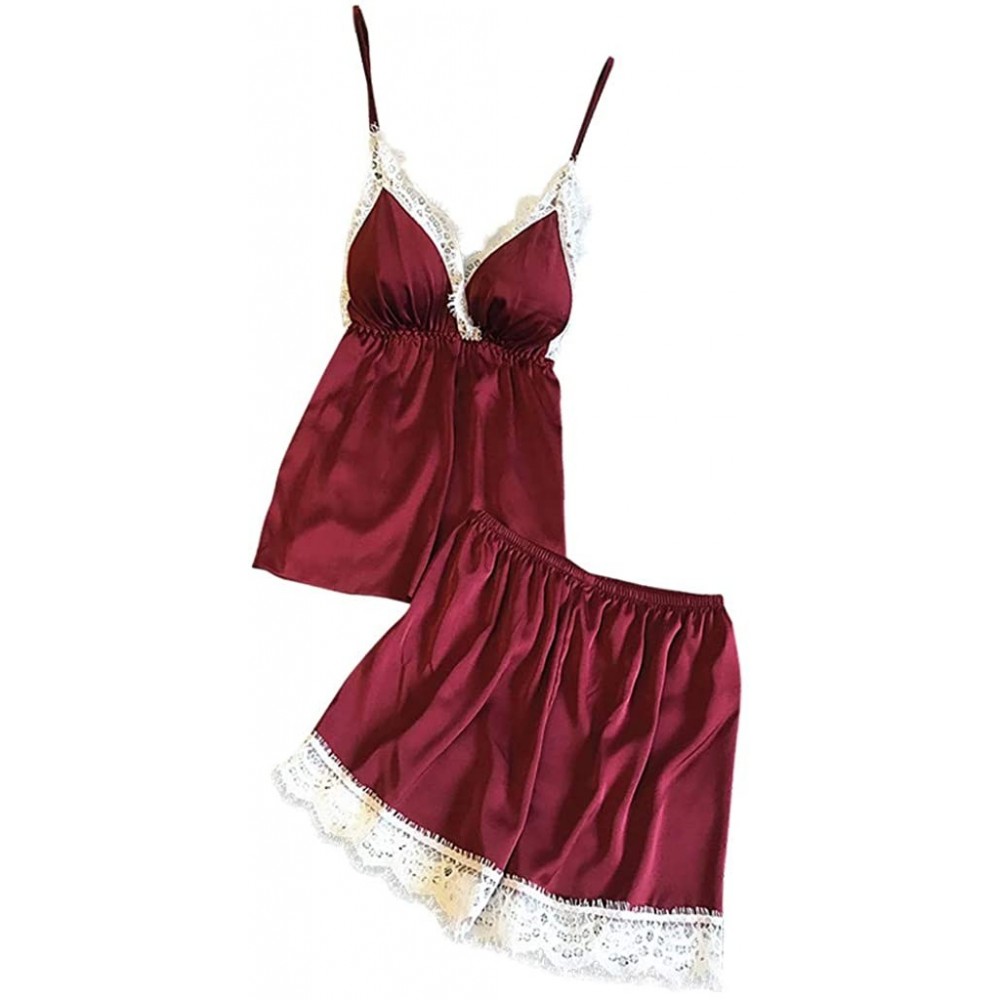 Baby Dolls & Chemises Women Sexy Lace Lingerie Nightwear Underwear Babydoll Short Sleepwear Set - Red - CI19D7AWQ5C