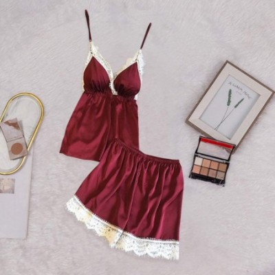 Baby Dolls & Chemises Women Sexy Lace Lingerie Nightwear Underwear Babydoll Short Sleepwear Set - Red - CI19D7AWQ5C