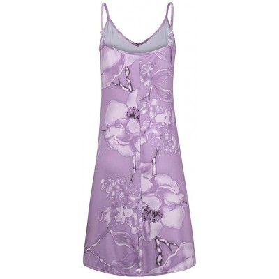 Thermal Underwear Women's Summer Dress V Neck Floral Print Suspenders Dress Sleeveless Beach Knee Dress - Purple - CZ19C2GSNL0