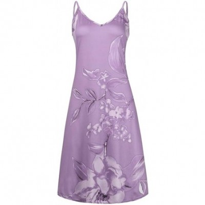 Thermal Underwear Women's Summer Dress V Neck Floral Print Suspenders Dress Sleeveless Beach Knee Dress - Purple - CZ19C2GSNL0