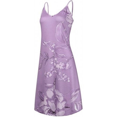 Thermal Underwear Women's Summer Dress V Neck Floral Print Suspenders Dress Sleeveless Beach Knee Dress - Purple - CZ19C2GSNL0